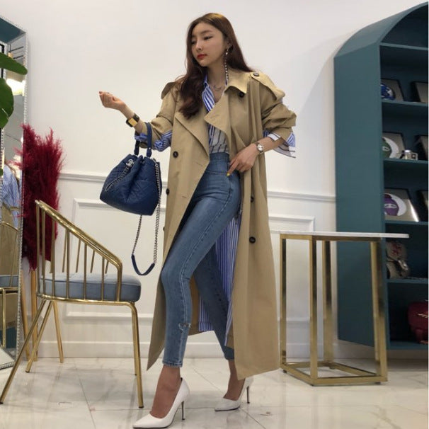 Lapel tie striped trench coat