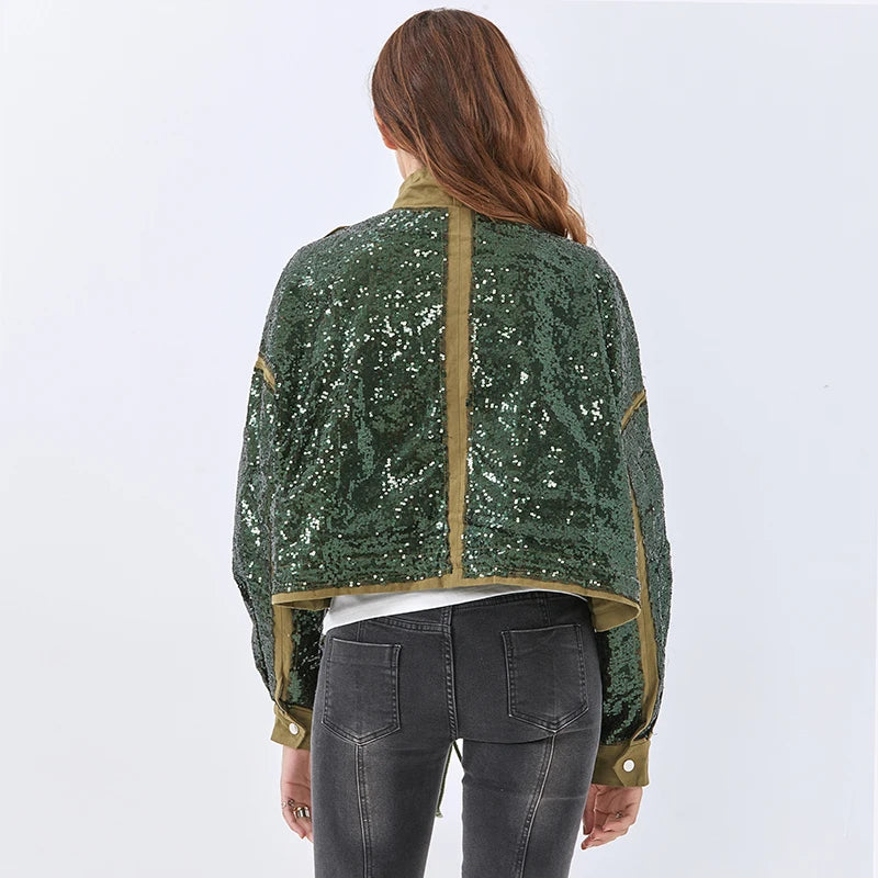 Fashionable Sequined High Neck Jacket Long Sleeve
