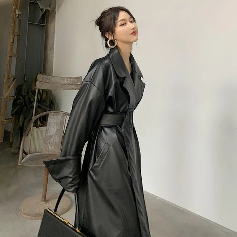 Maxi oversized leather trench coat