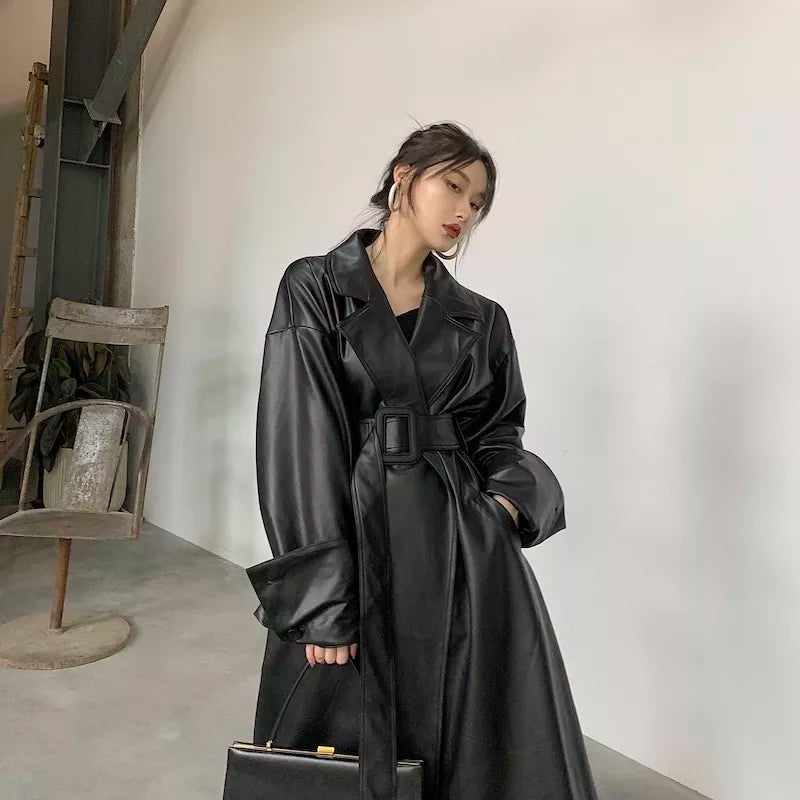 Maxi oversized leather trench coat