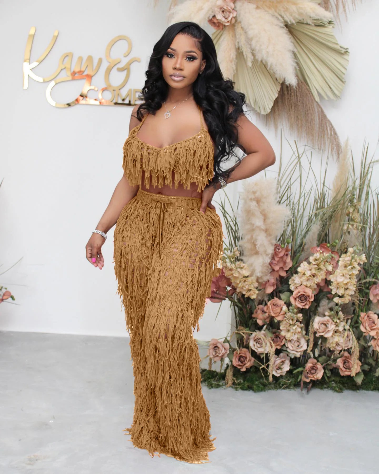 Hand Crochet Knitted Suit Bra Top Trouser