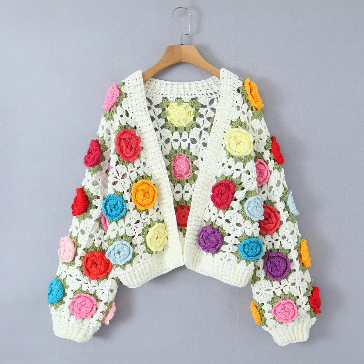 Hand Crochet 3D Roses Sweater