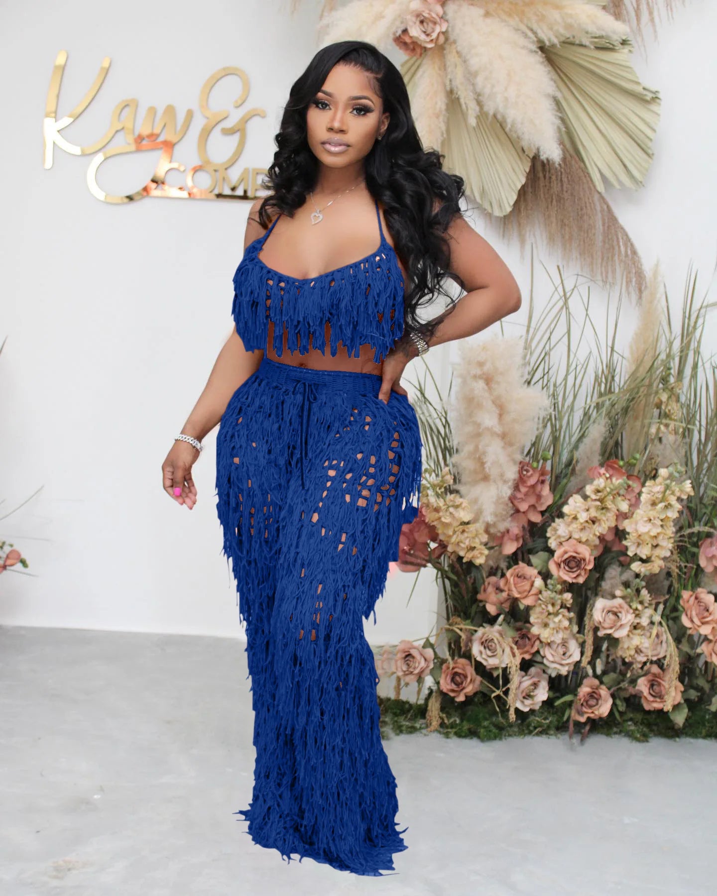 Hand Crochet Knitted Suit Bra Top Trouser