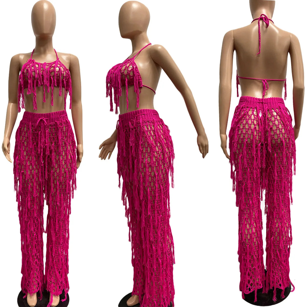 Hand Crochet Knitted Suit Bra Top Trouser