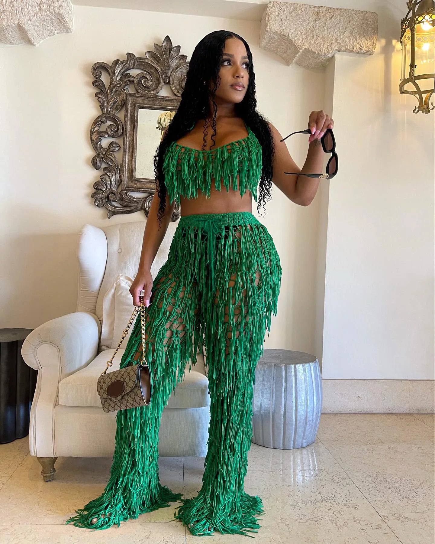 Hand Crochet Knitted Suit Bra Top Trouser