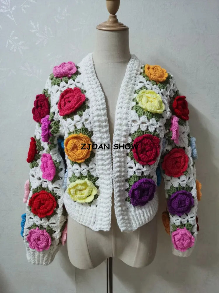 Hand Crochet 3D Roses Sweater