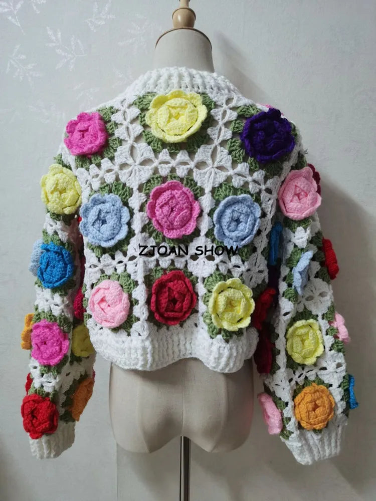Hand Crochet 3D Roses Sweater