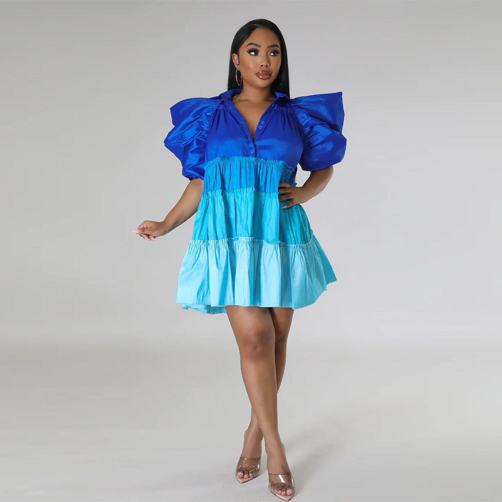 Women Clothing V Collar Contrast Color Satin Dress Stitching A Line Large Hem Short Dress Women Clothing V Collar Contrast Color Satin Dress Stitching A Line Large Hem Short Dress