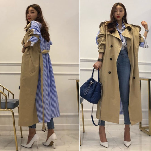 Lapel tie striped trench coat