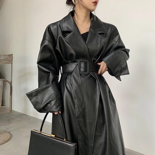 Maxi oversized leather trench coat