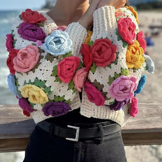 Hand Crochet 3D Roses Sweater