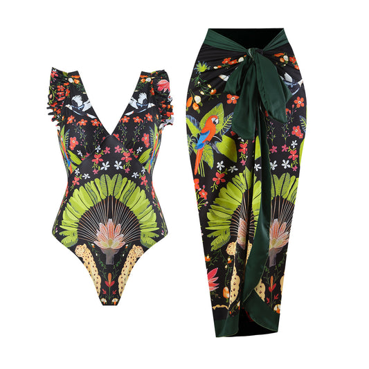 One Piece Women Printed Swimsuit with Covering